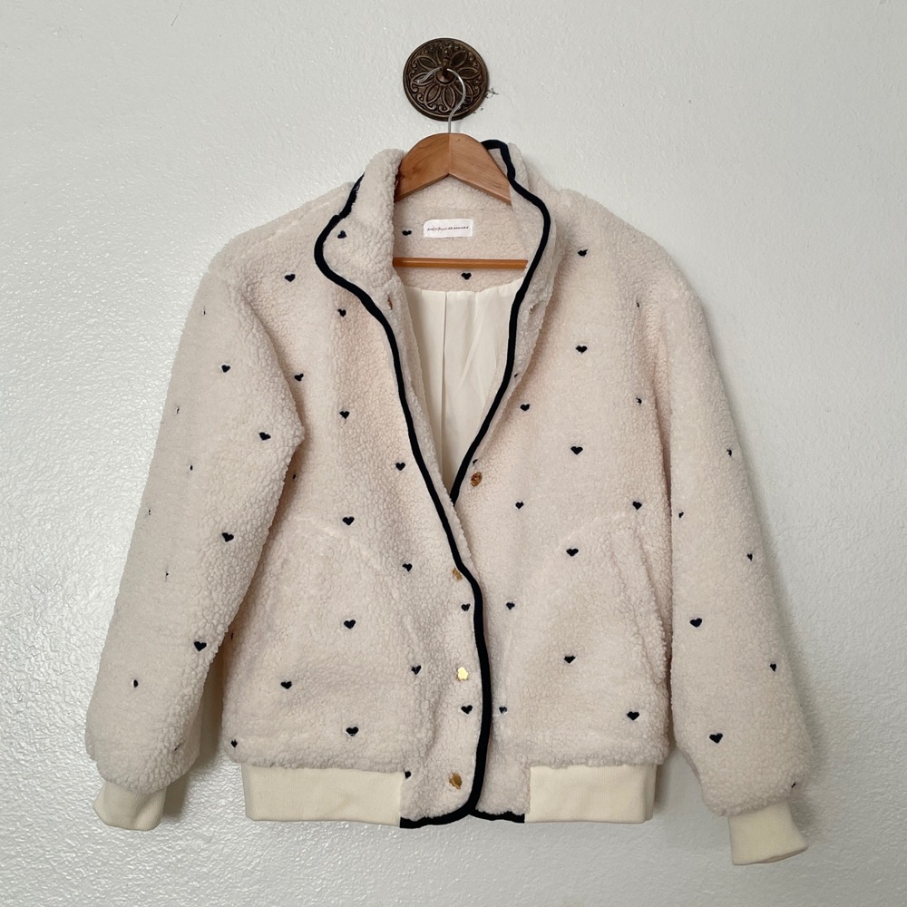And The Dreamers Heart Sherpa Bomber Jacket Cream Navy Blue Fleece Small